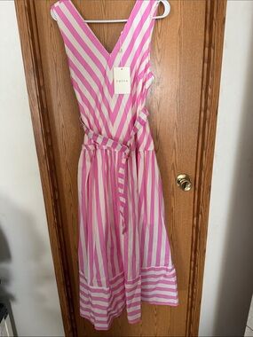 entro Pink and White Striped V-Neck Midi Dress with Tie Waist